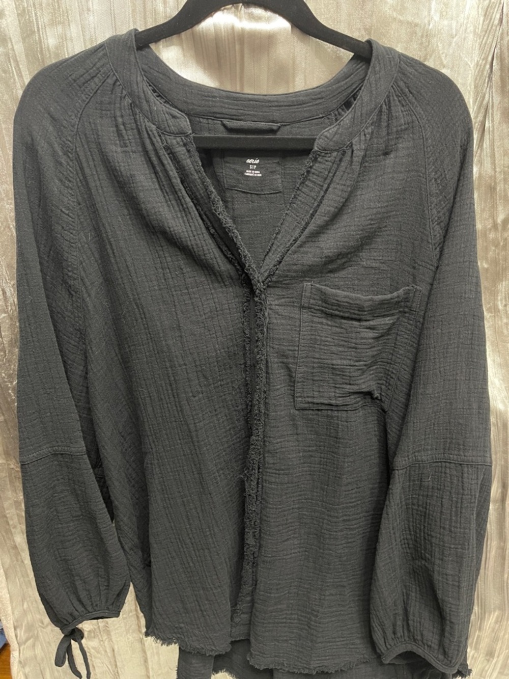 aerie Black Gauze Button-Front Tunic Top